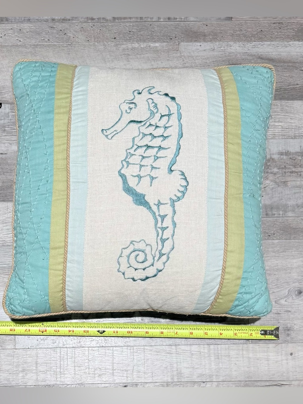 Coastal Seahorse Embroidered Throw Pillow - Aqua & Cream